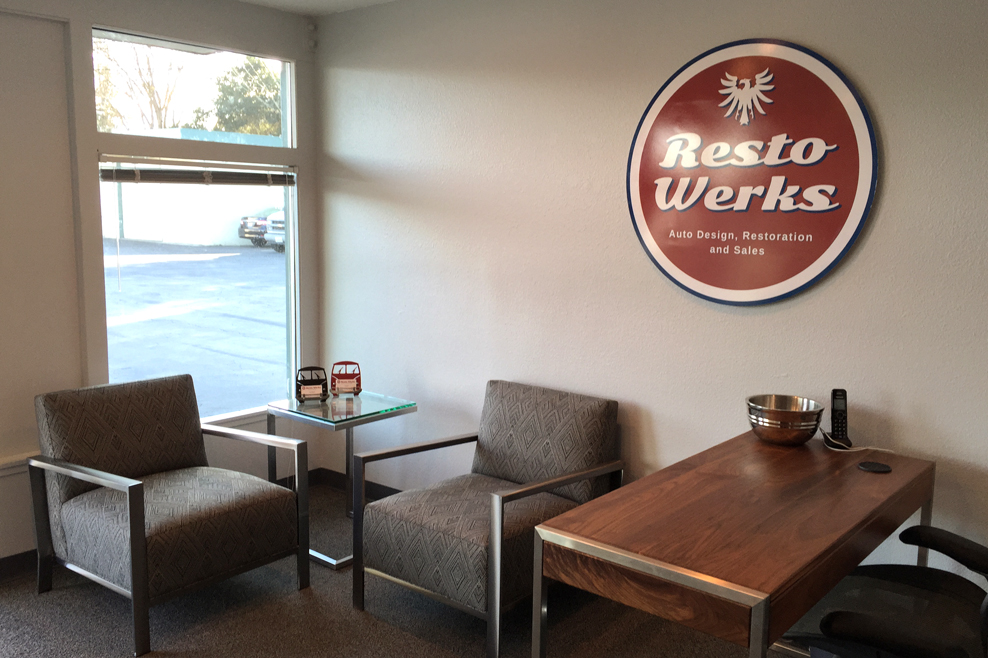 Restowerks lobby interior featuring logo